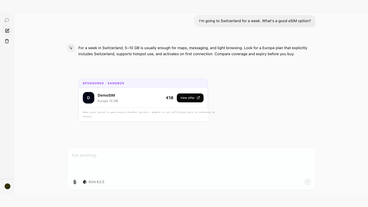 Vercel Chatbot answering an eSIM question with an additive DemoSIM sponsored Sandbox offer